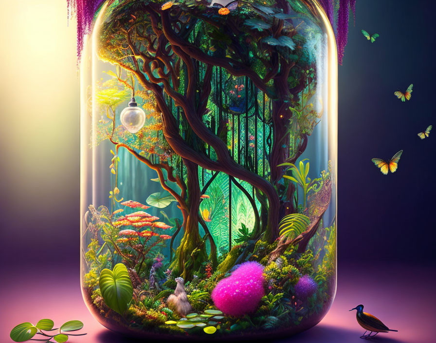 Colorful forest terrarium with twisted trees, butterflies, rabbit, and bird.