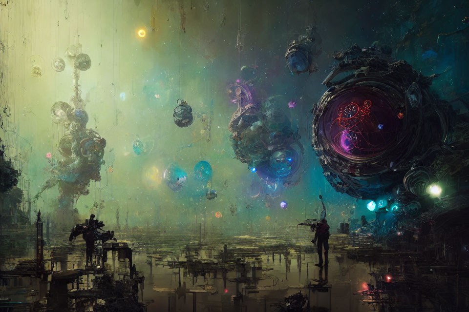 Futuristic scene with floating orbs, structures in water, ambient lights