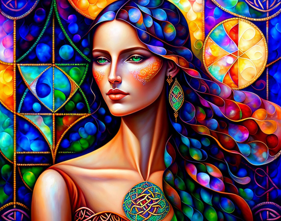 Colorful digital artwork featuring a woman with intricate patterns against geometric shapes