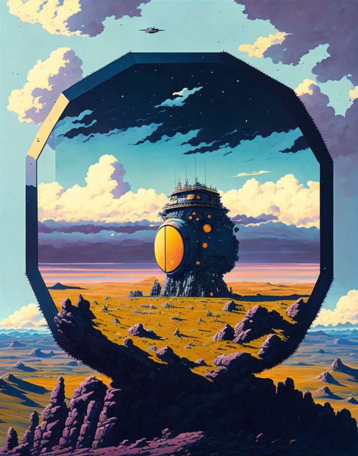 Futuristic sci-fi landscape with octagonal portal, flying craft, and rugged terrain