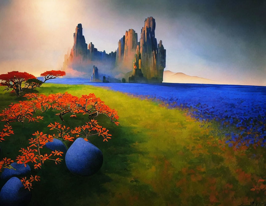 Colorful landscape painting with red flowering trees and blue ground cover