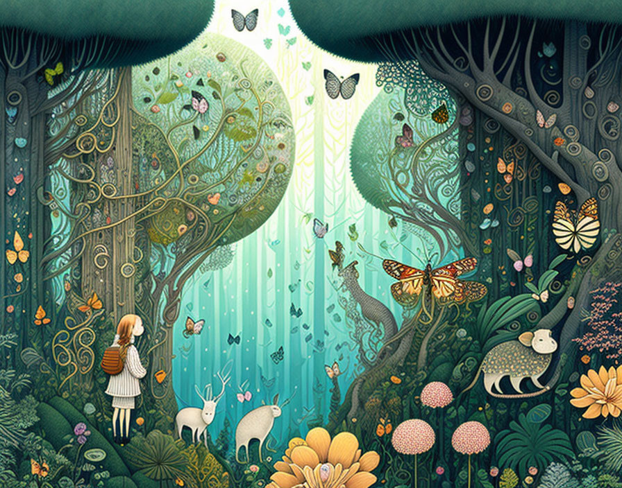 Whimsical forest scene with girl, animals, butterflies, and intricate trees under starry sky