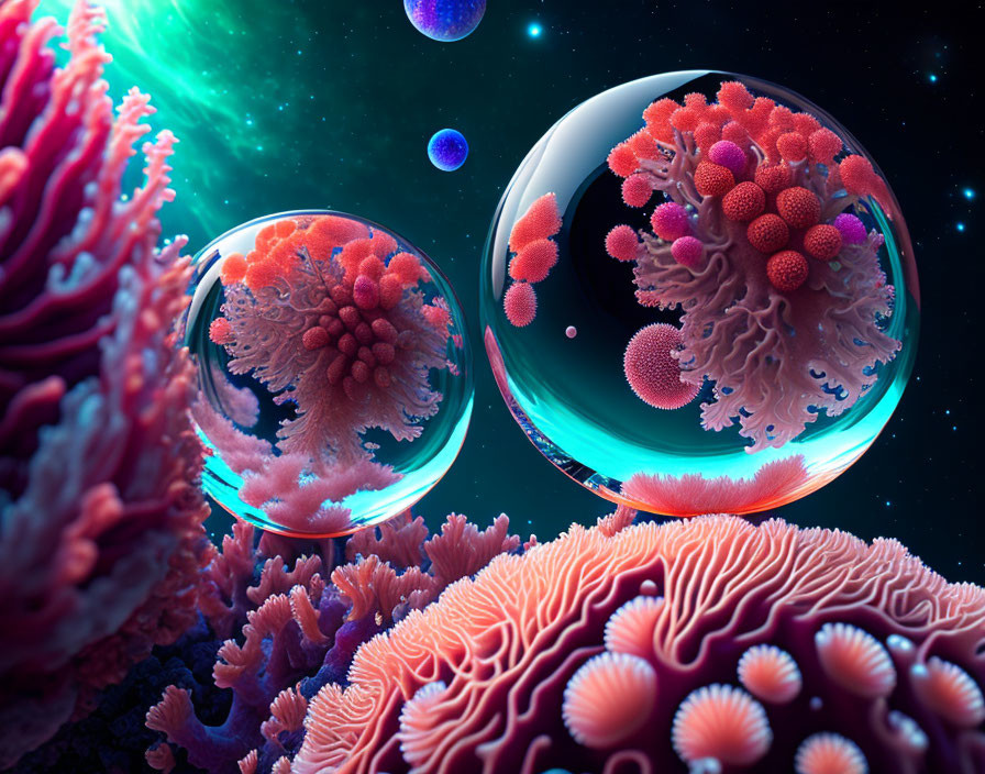 Colorful digital artwork: Coral-like structures, floating spheres, cosmic background