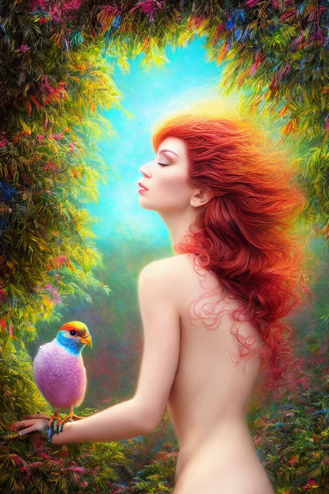 Vibrant red-haired woman in forest with colorful bird