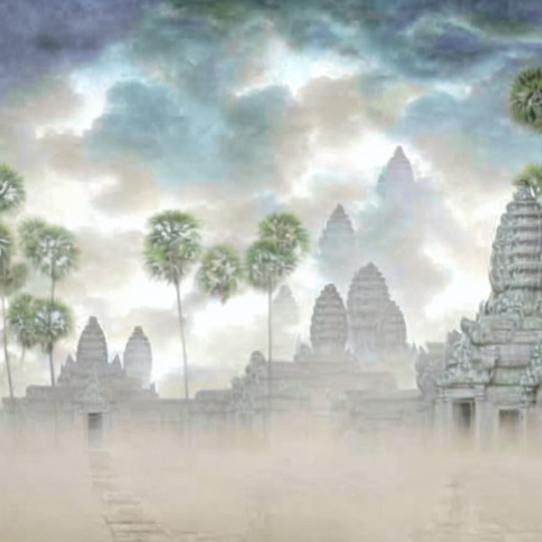 Ancient temple complex with iconic spires in misty palm tree setting