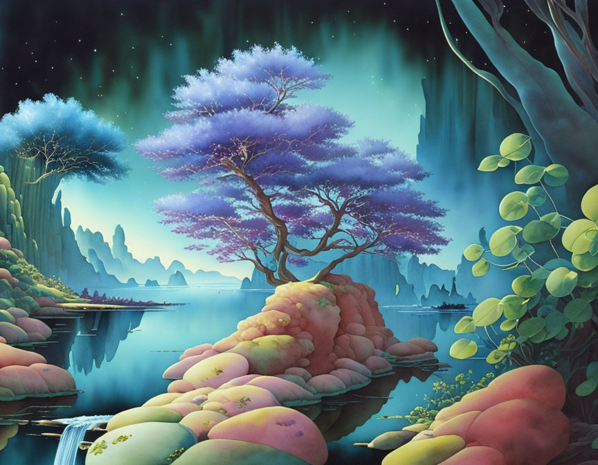 Vibrant blue tree, pink rock formations, luminous waterfalls in fantastical landscape