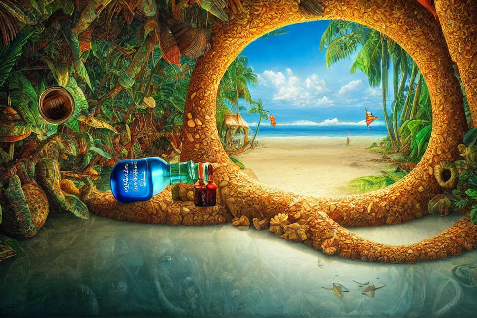 Circular Tropical Beach Scene with Vines, Leaves, and Elixir Bottles