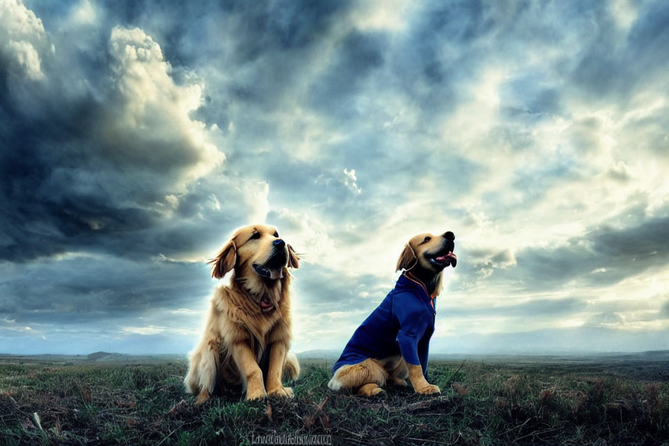 Two Golden Retrievers Sitting in Field Under Dramatic Sky