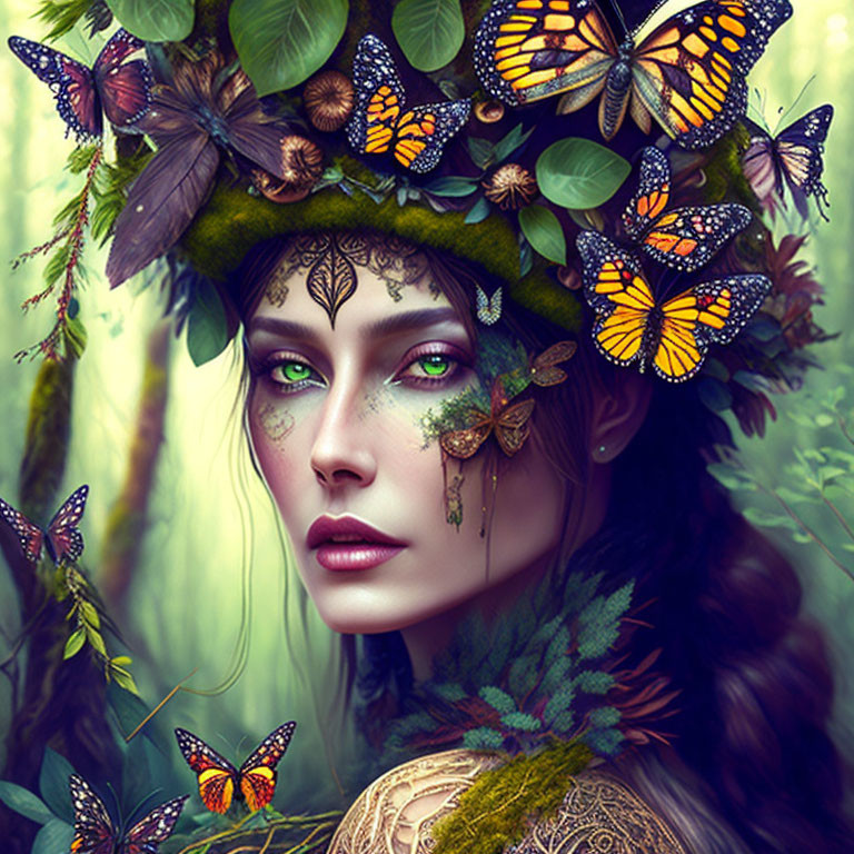 Green-eyed woman crowned with butterflies in enchanted forest.