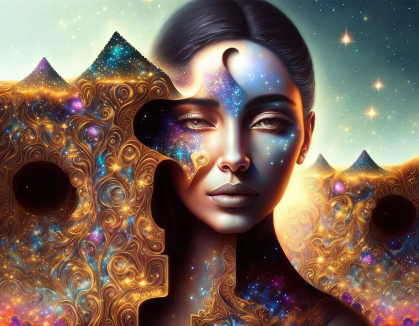 Cosmic-themed surreal portrait of a woman with stars and nebulae blending into her face