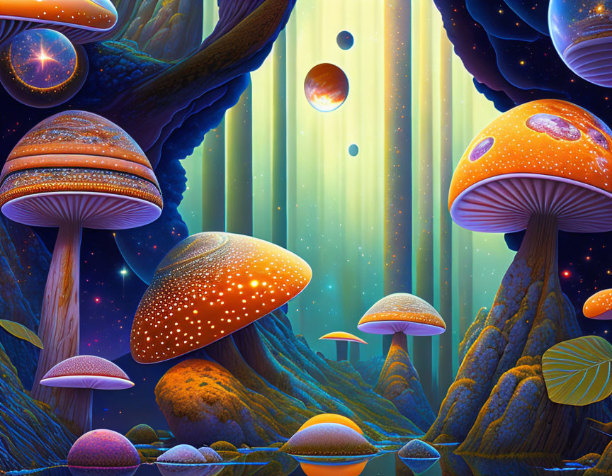 Vibrant otherworldly landscape with towering luminous mushrooms under starlit sky