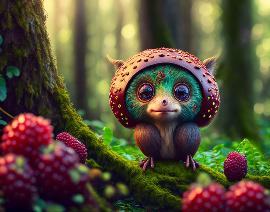 Whimsical creature with mushroom cap head in lush forest with raspberries