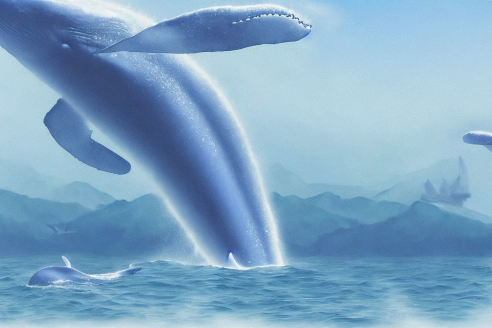 Mystical humpback whales breaching in misty blue seascape