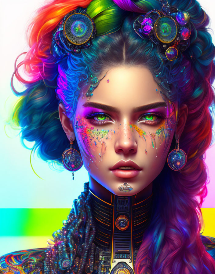 Vibrant rainbow hair woman with techno-ethnic jewelry in colorful portrait