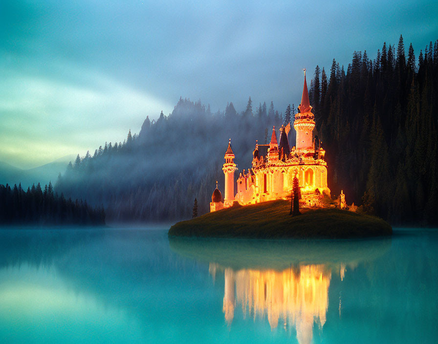 Misty forest lake island with illuminated castle at dawn