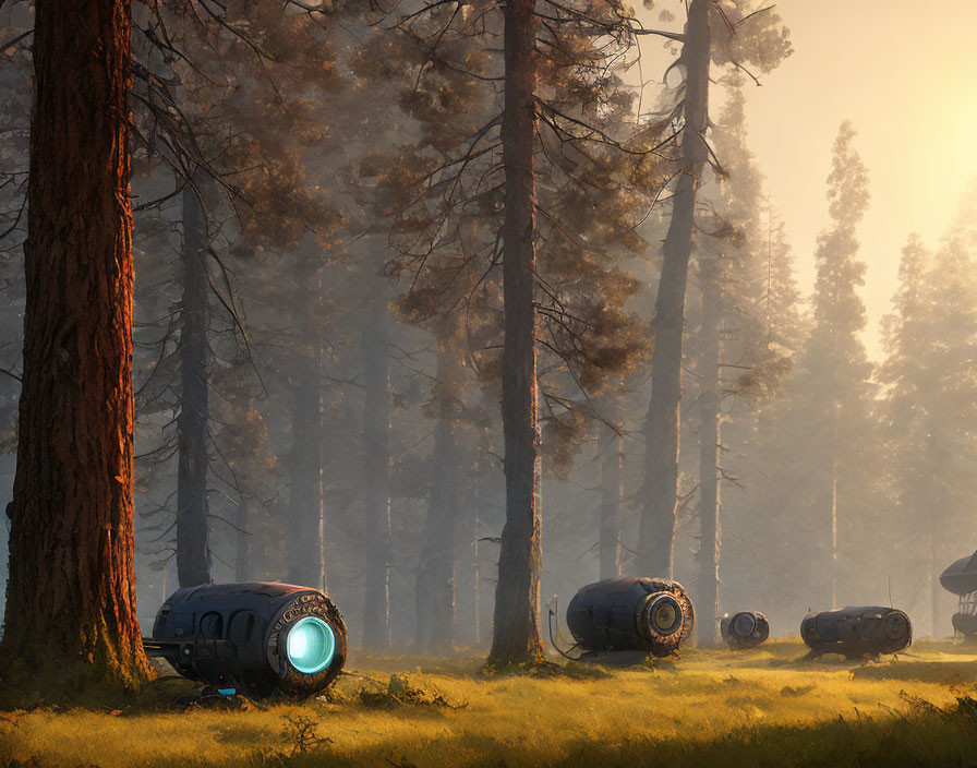 Futuristic capsules in misty forest with blue lights