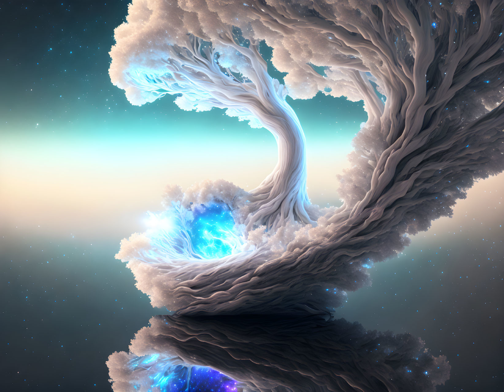 Fantastical cosmic trees with swirling branches and glowing blue nebulae against a starry backdrop