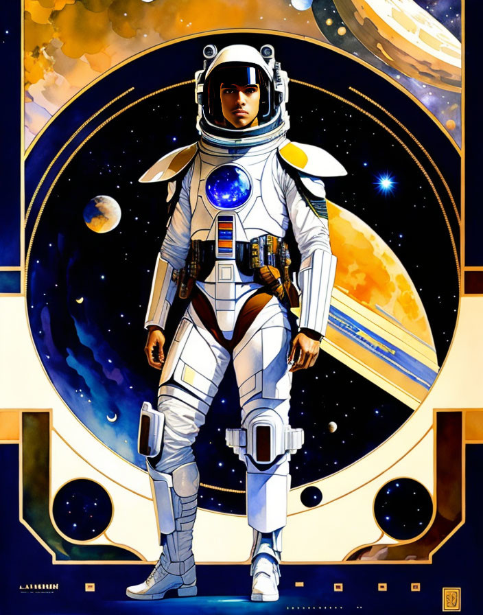 Astronaut in white space suit against cosmic backdrop with stars, planets, and spacecraft