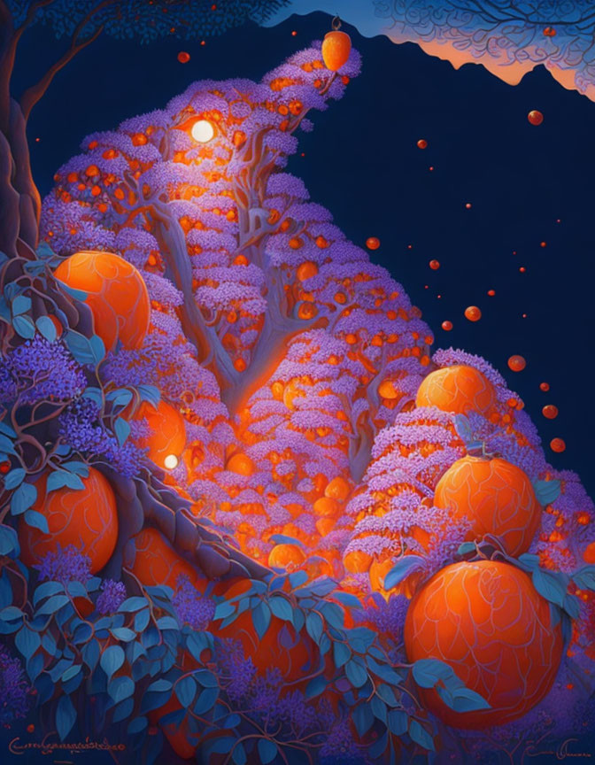 Illustration of glowing orange tree at night with crescent moon