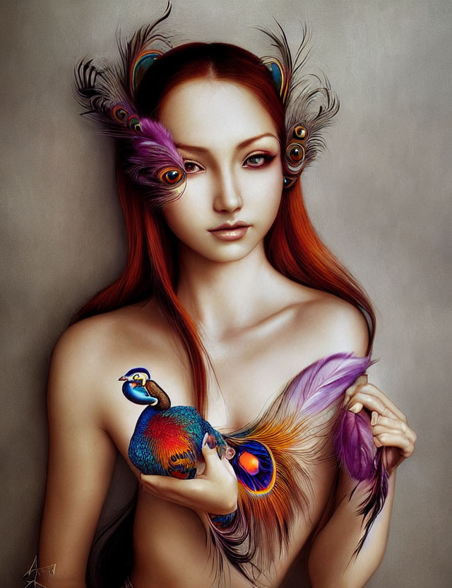 Digital artwork of woman with red hair and peacock feathers holding stylized peacock