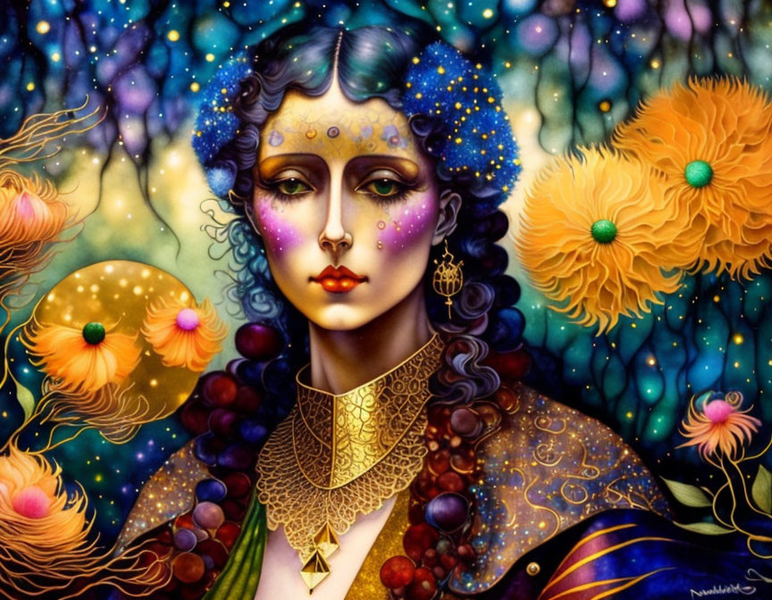 Cosmic-themed surreal portrait of a woman with vibrant flowers and golden jewelry