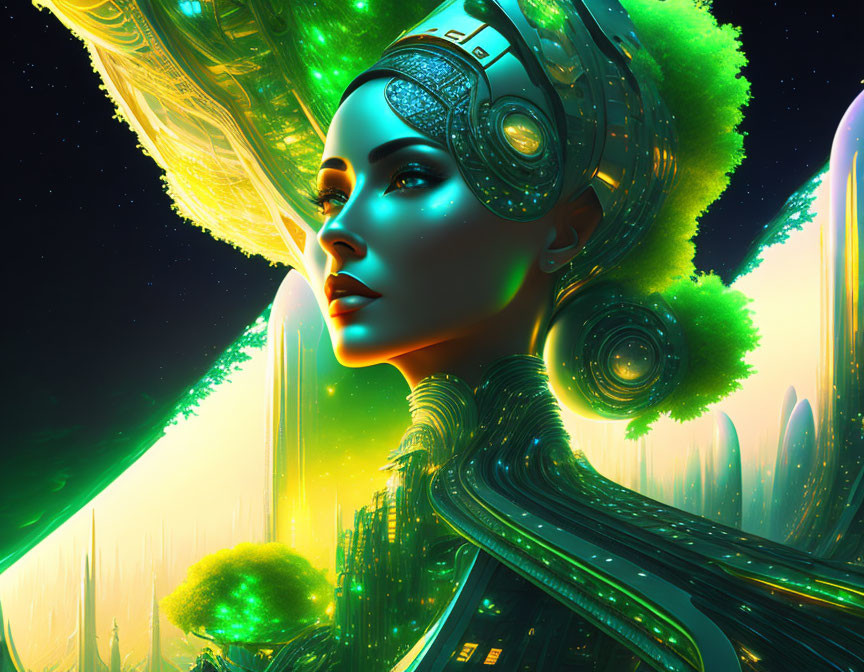 Futuristic digital artwork of female android in intricate headgear amid neon landscape