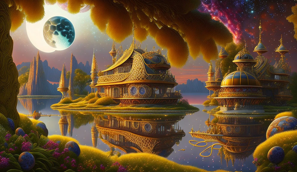 Fantastical night landscape with domed buildings, lush vegetation, calm waters, starry sky,