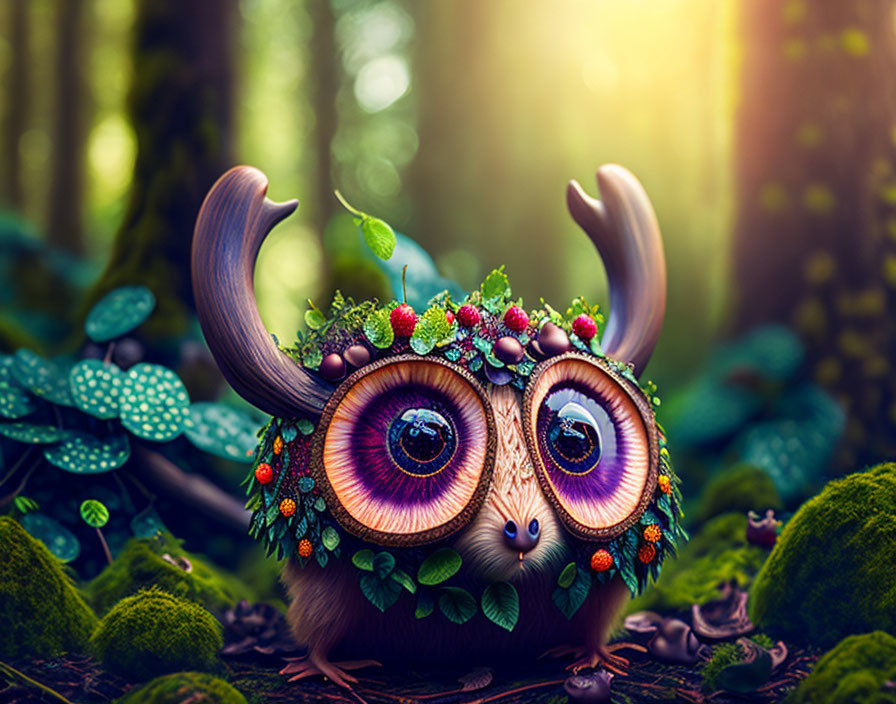 Fantastical creature with expressive eyes in enchanted forest