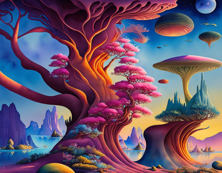 Colorful fantasy landscape with pink foliage, floating islands, and alien aircraft