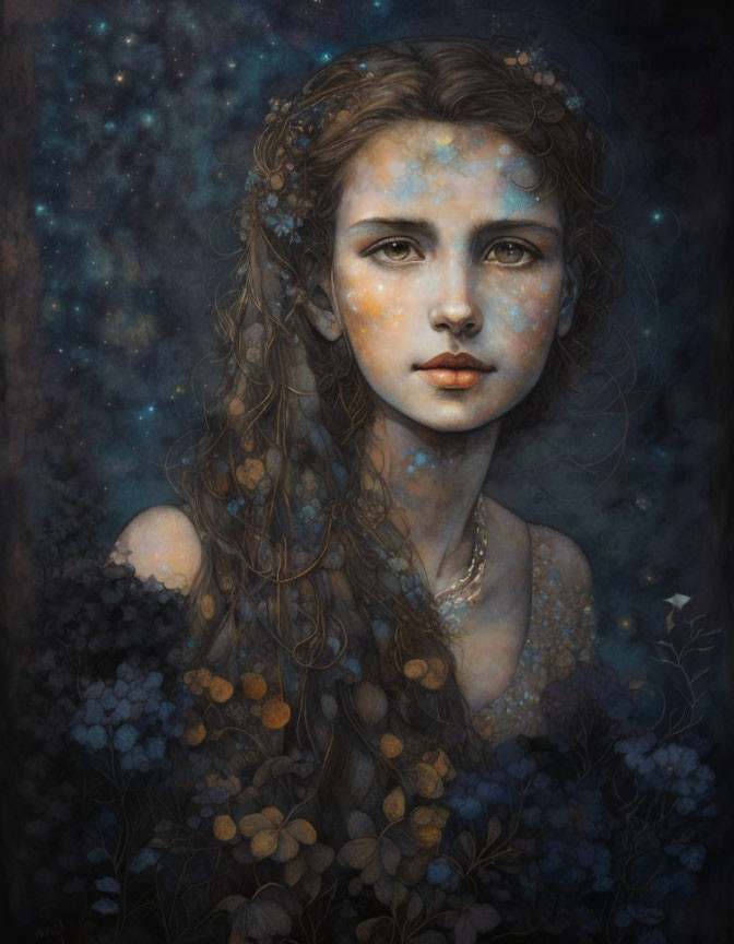 Portrait of young woman with night sky, floral hair, dreamy gaze