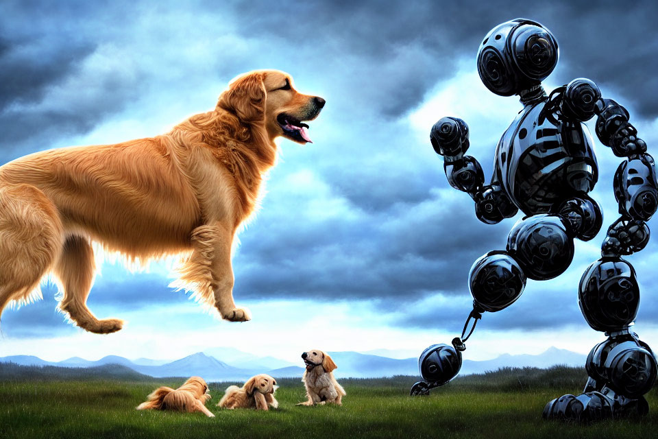 Golden retriever and puppies observe robotic figure in grassy field