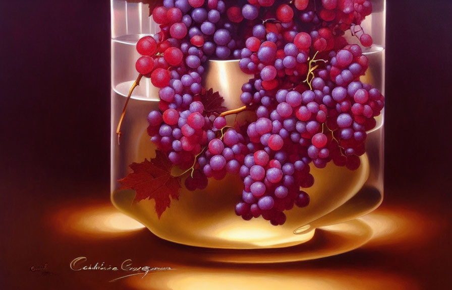 Hyper-realistic painting of glass bowl with red grapes in warm light