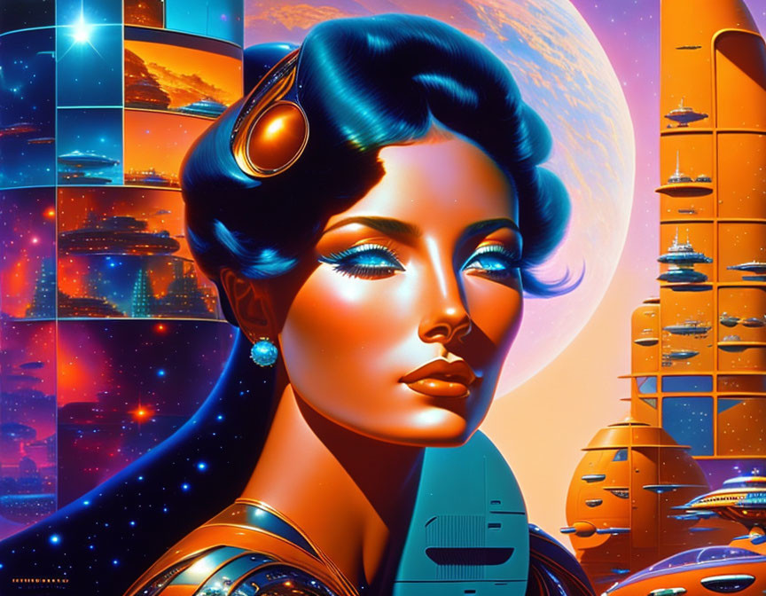 Colorful retro-futuristic artwork: Woman with blue hair in space cityscape.