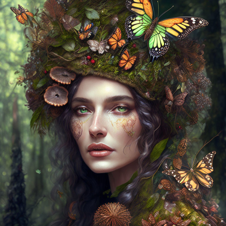 Woman with Crown of Leaves in Mystical Forest Scene