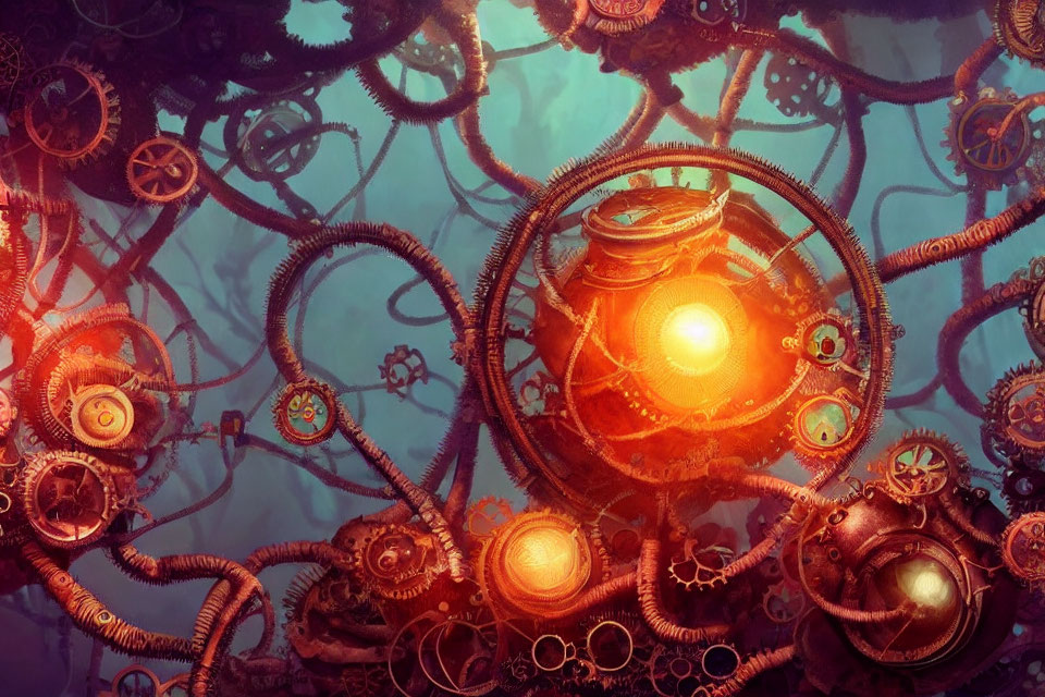 Surreal steampunk image with intertwined gears and orange glow on teal background