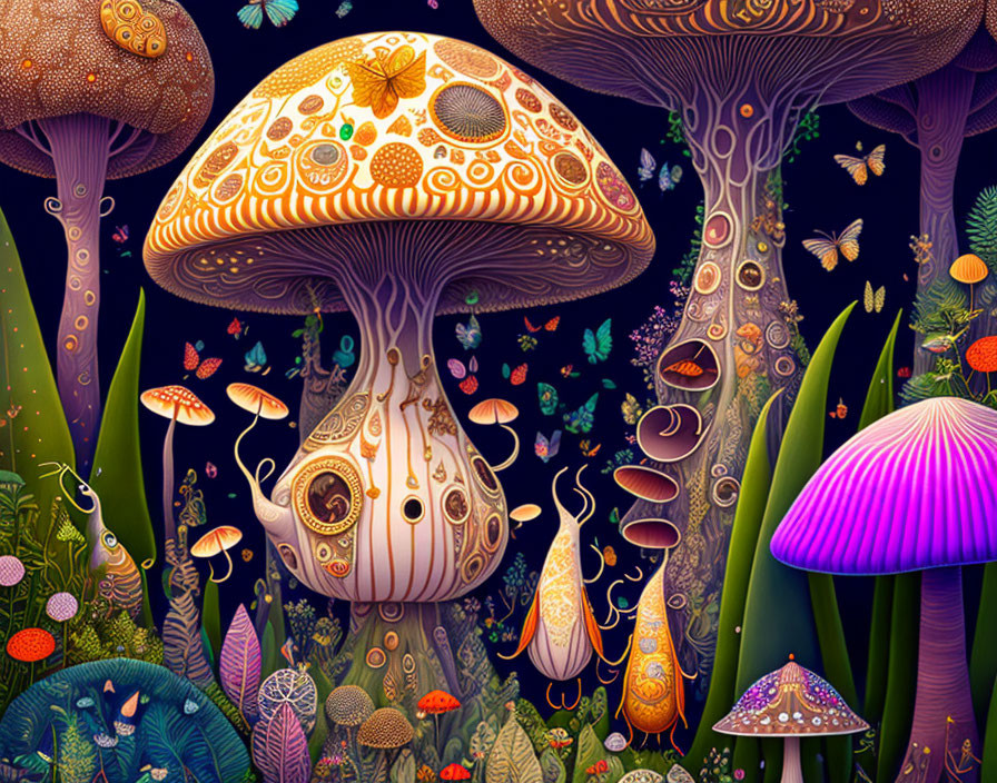 Fantasy illustration: Whimsical mushrooms in magical forest with glowing insects