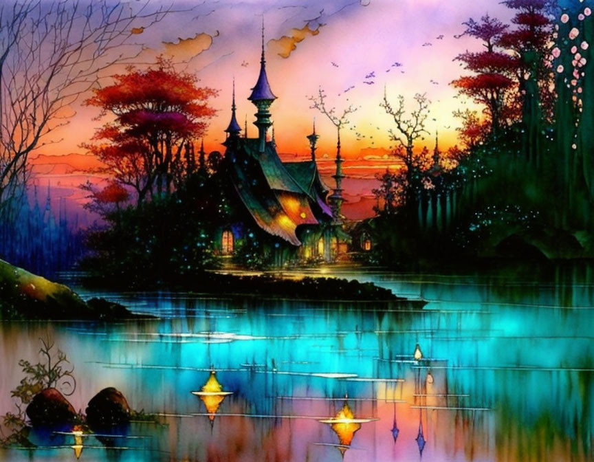 Serene fantasy landscape: illuminated cottage, lake, silhouetted trees, colorful sky.