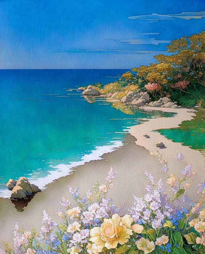 Serene beach painting with lush florals and blue waters