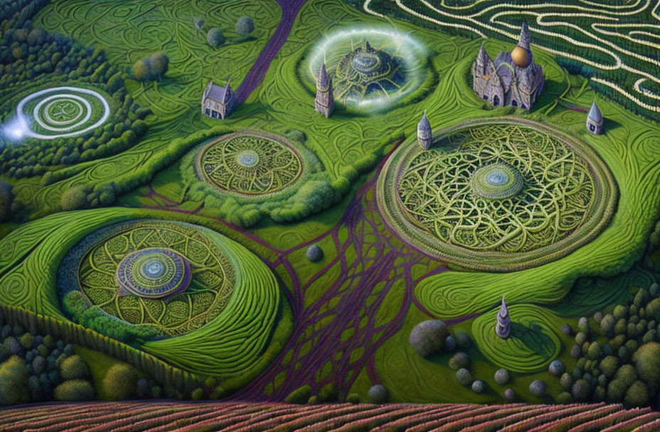 Colorful Landscape with Patterned Gardens and Fantasy Structures