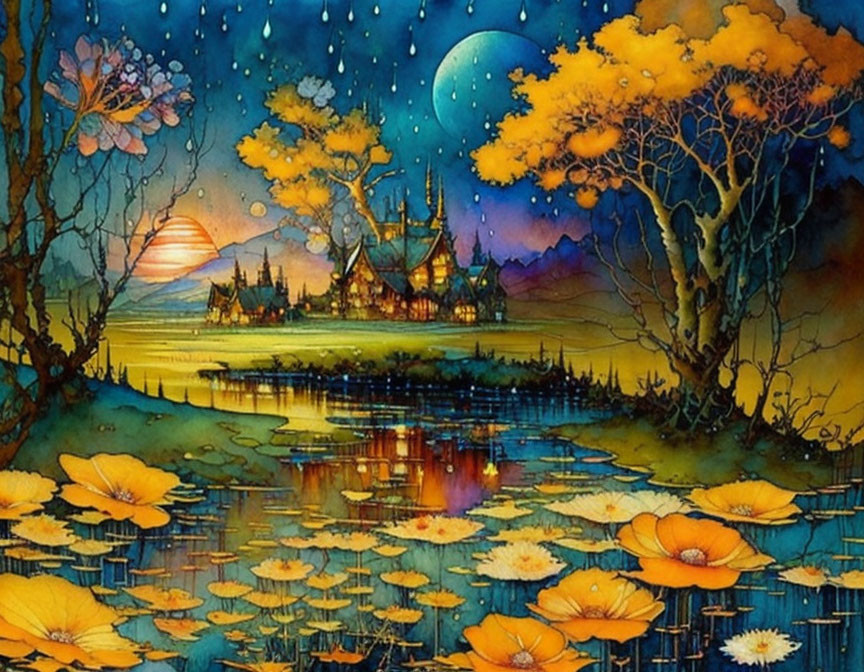 Colorful Fantasy Landscape Painting with Castle, Trees, Moon, and Pond