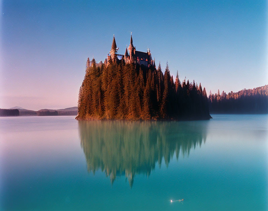 Castle on Pine-Covered Island Reflecting in Lake at Twilight