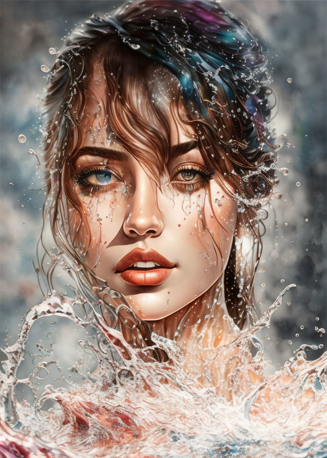 Digital artwork: Woman's face in water with splashes & vibrant hair.