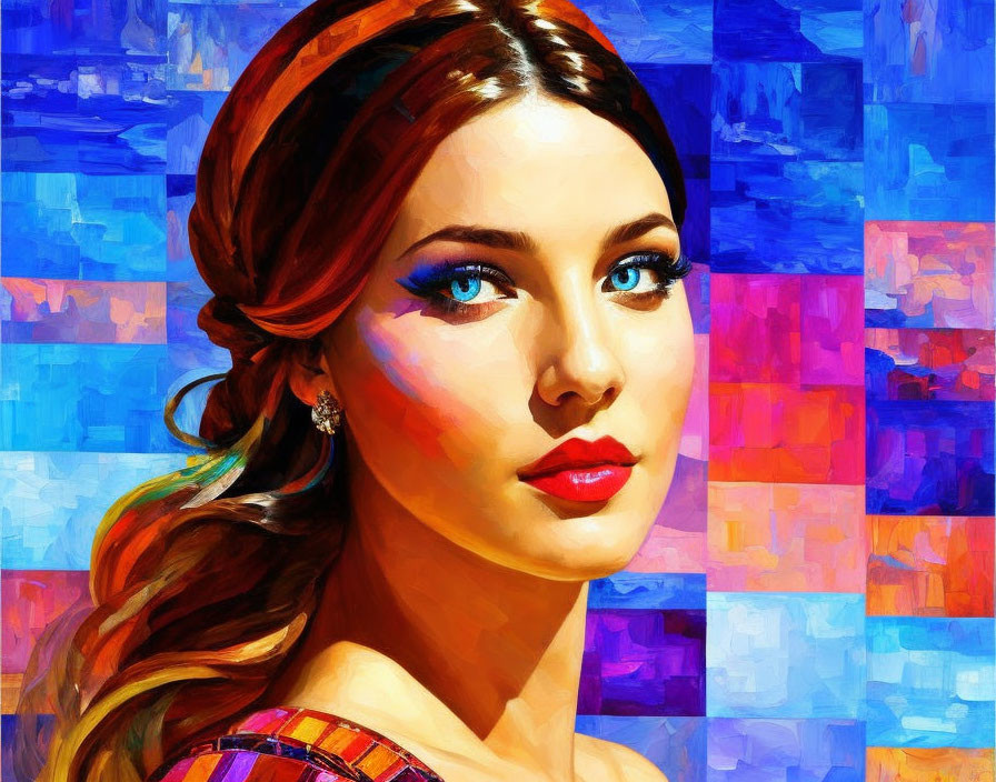 Vibrant portrait of a woman with blue eyes and red lips in colorful geometric patterns