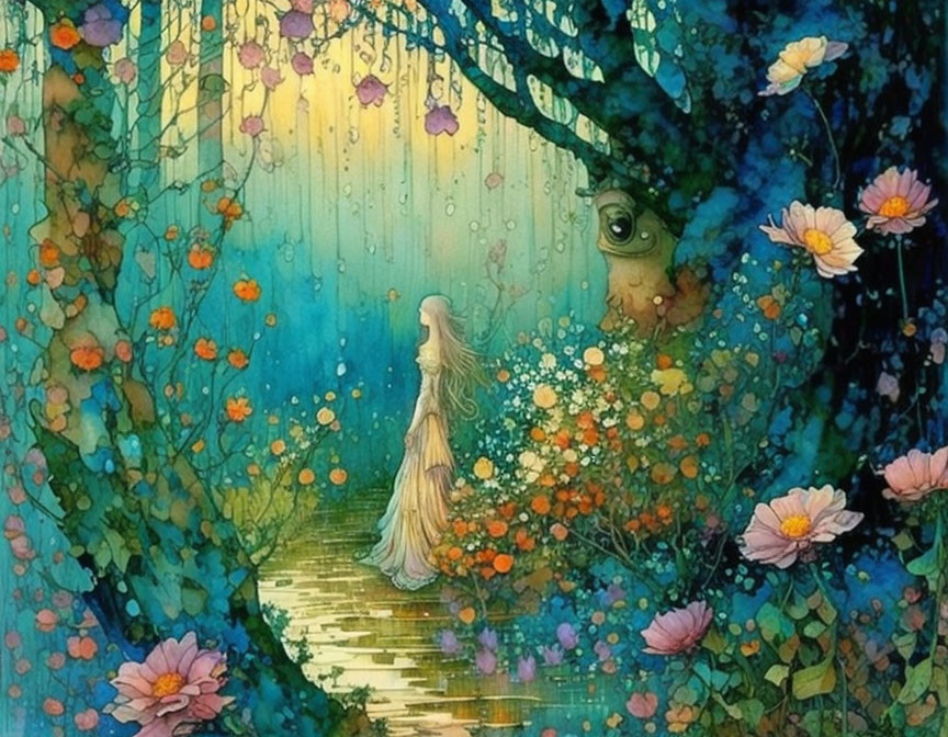 Colorful illustration of girl in dress on flower path with lanterns & mysterious creature