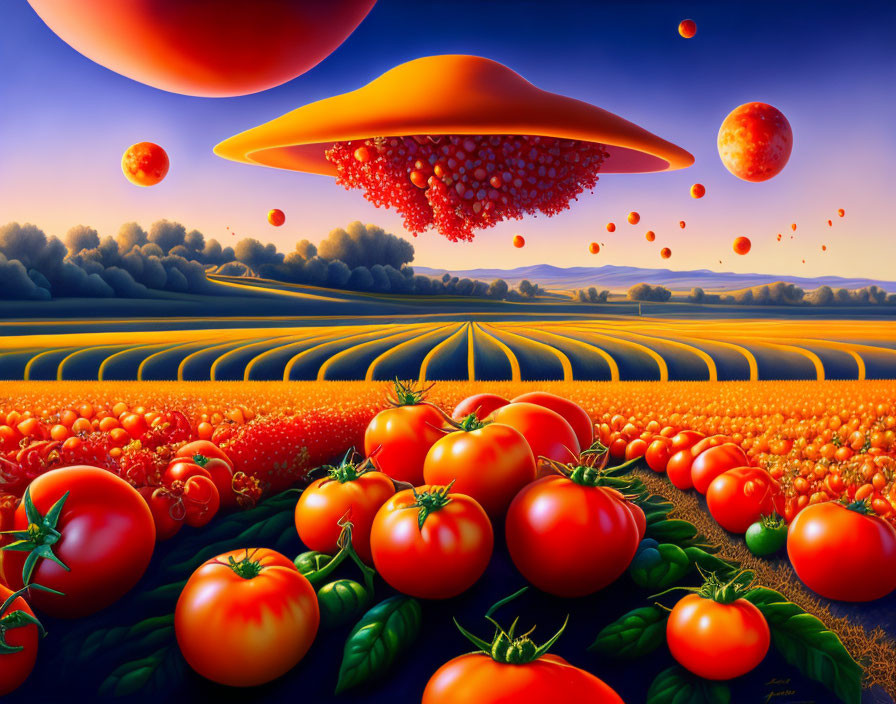 Vibrant surreal landscape with oversized tomatoes and tomato UFO