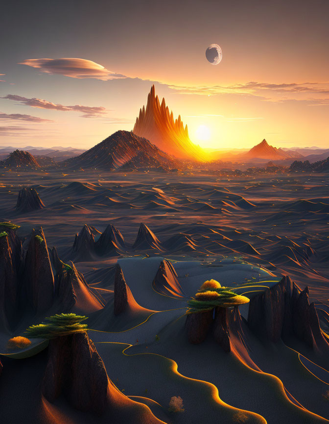 Sunset desert landscape: rock formations, sand dunes, greenery, crescent moon.