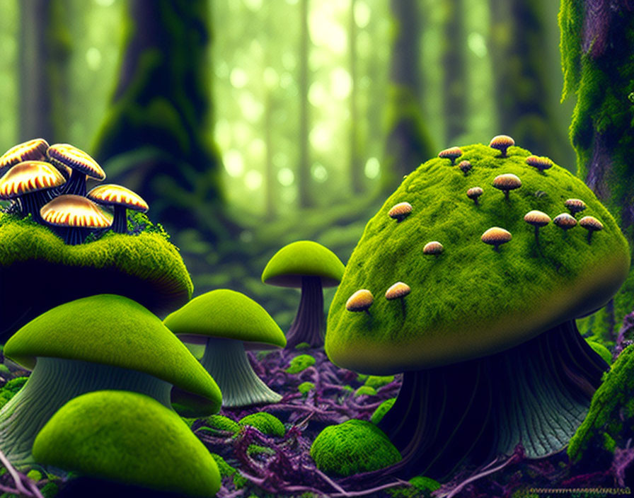 Colorful digital artwork of whimsical mushrooms in lush forest