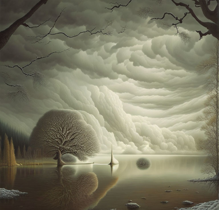 Surreal landscape with calm lake, boat, trees, and dramatic sky