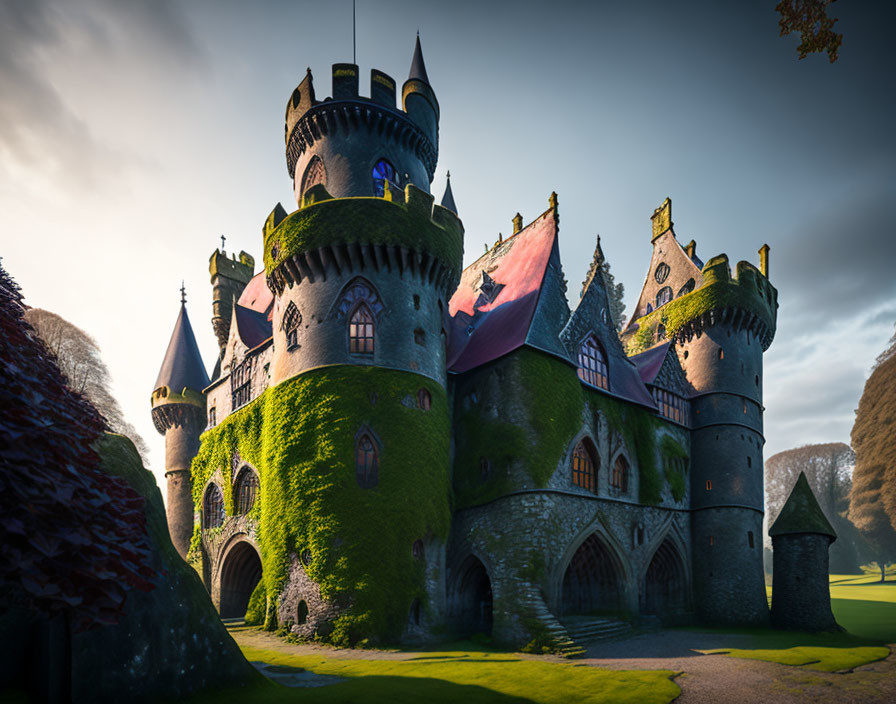 Ivy-covered castle with round towers and conical roofs at dusk