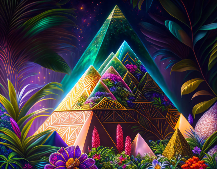 Colorful geometric pyramid in cosmic setting with tropical foliage.